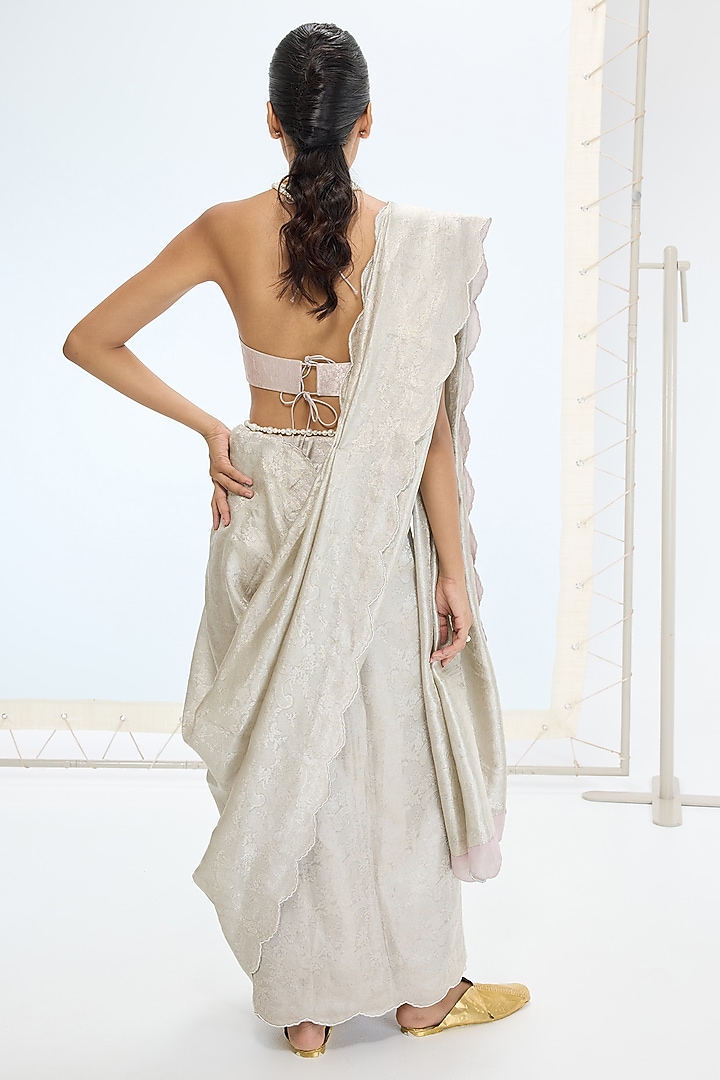 Champagne Pure Tissue Silk Hand Embroidered Handwoven Wedding Saree Set by Ekaya at Pernia's Pop Up Shop