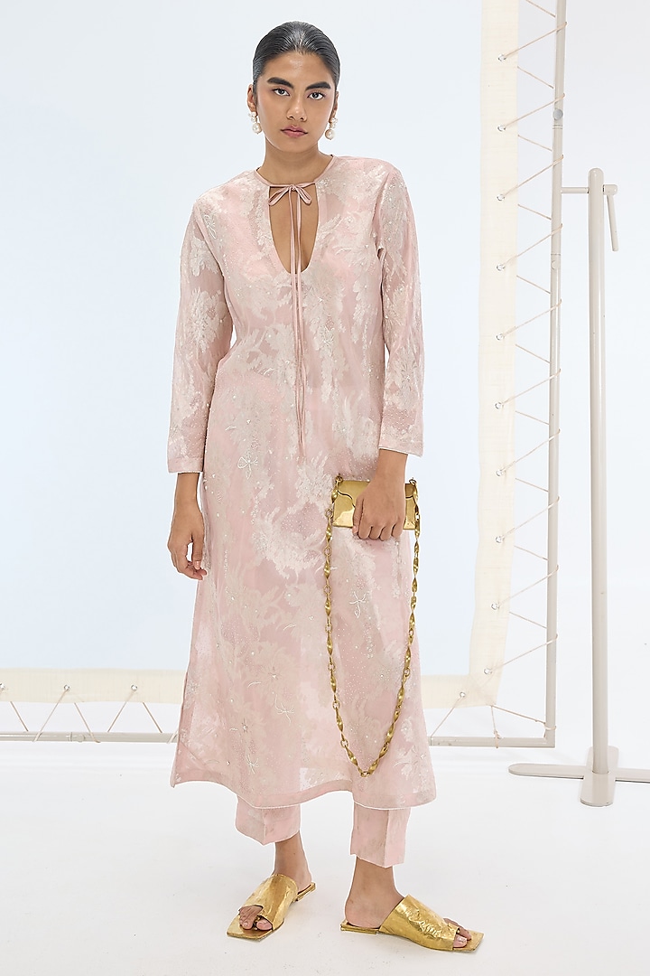 Peach Pure Organza Silk Hand Embroidered Handwoven Kurta Set by Ekaya at Pernia's Pop Up Shop