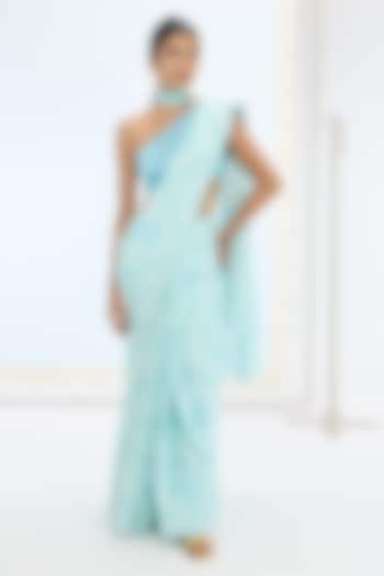 Turquoise Blue Habutai Silk Hand Embroidered & Printed Party Wear Saree Set by Ekaya at Pernia's Pop Up Shop