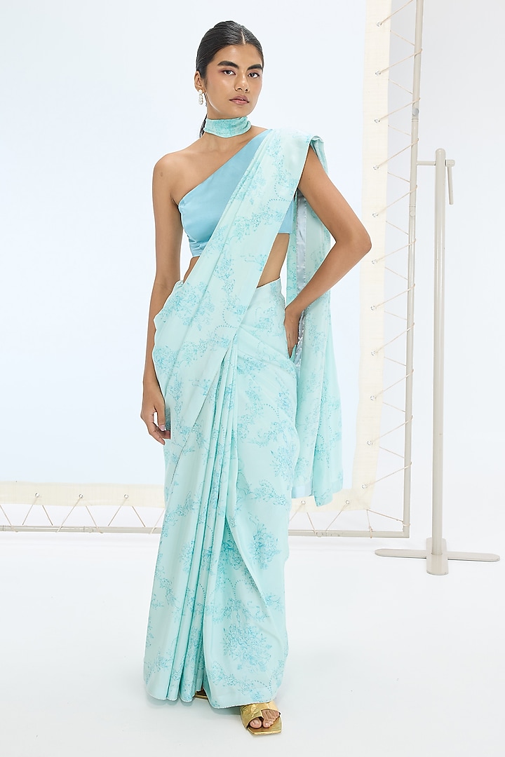Turquoise Blue Habutai Silk Hand Embroidered & Printed Party Wear Saree Set by Ekaya at Pernia's Pop Up Shop