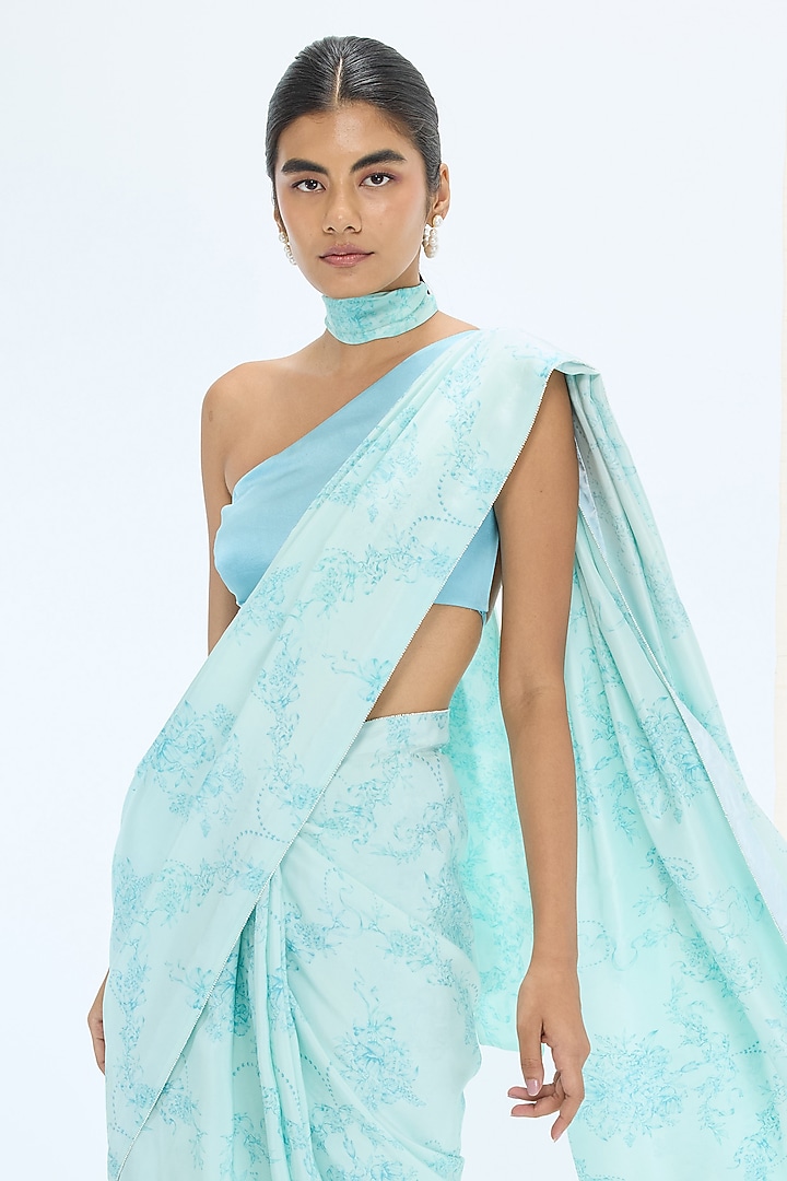 Turquoise Blue Habutai Silk Hand Embroidered & Printed Party Wear Saree Set by Ekaya at Pernia's Pop Up Shop