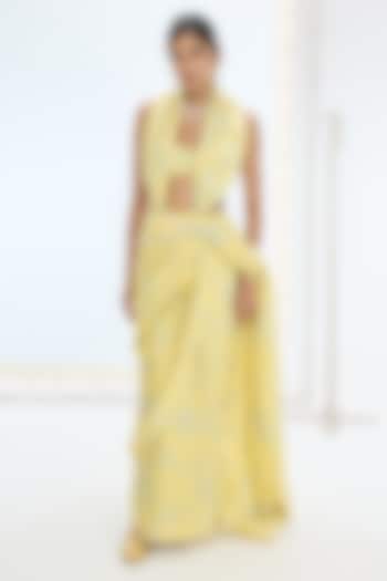 Yellow Silk Hand Embroidered & Digital Printed Party Wear Saree Set by Ekaya at Pernia's Pop Up Shop