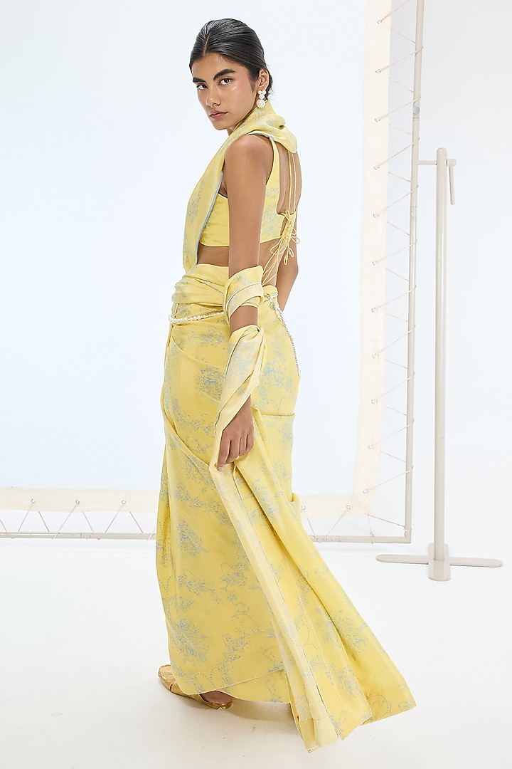 Yellow Silk Hand Embroidered & Digital Printed Party Wear Saree Set by Ekaya at Pernia's Pop Up Shop