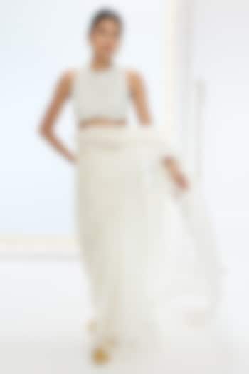 Off-White Pure Organza Pearl Hand Embroidered Wedding Saree Set by Ekaya at Pernia's Pop Up Shop