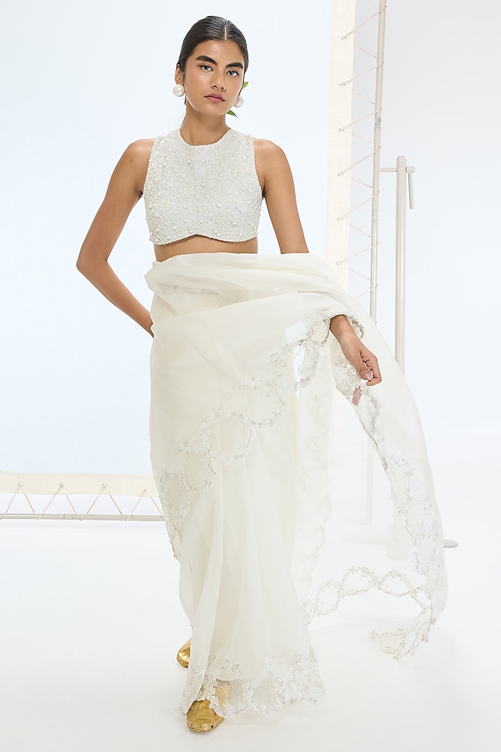 Off-White Pure Organza Pearl Hand Embroidered Wedding Saree Set by Ekaya at Pernia's Pop Up Shop