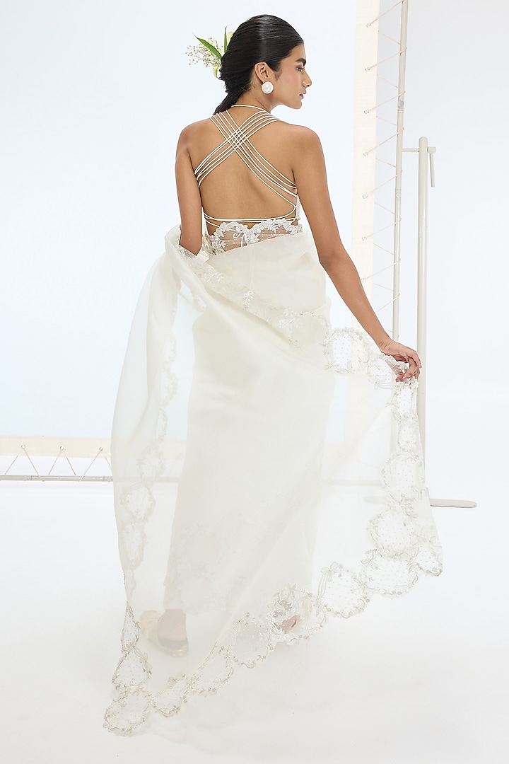 Off-White Pure Organza Pearl Hand Embroidered Wedding Saree Set by Ekaya at Pernia's Pop Up Shop