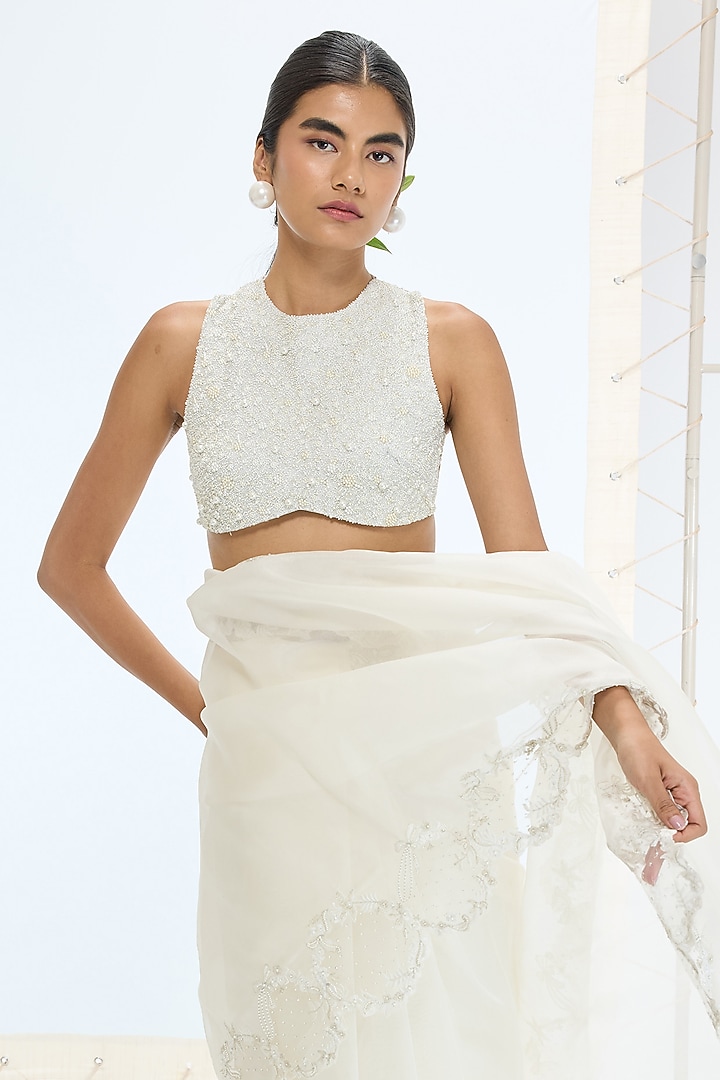 Off-White Pure Organza Pearl Hand Embroidered Wedding Saree Set by Ekaya at Pernia's Pop Up Shop