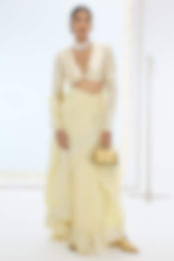 Lemon Yellow Pure Orgazna Hand Embroidered Handwoven Wedding Saree Set by Ekaya at Pernia's Pop Up Shop