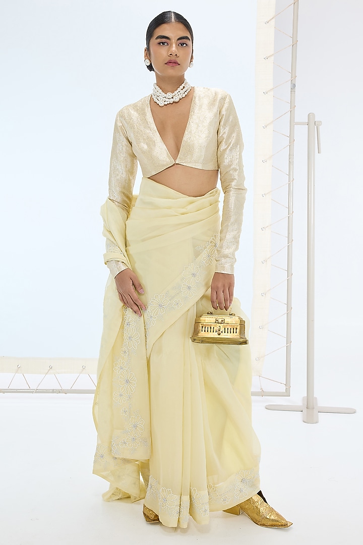 Lemon Yellow Pure Orgazna Hand Embroidered Handwoven Wedding Saree Set by Ekaya at Pernia's Pop Up Shop