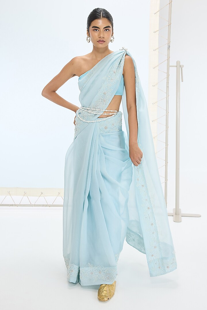 Aqua Green Pure Orgazna Hand Embroidered Handwoven Wedding Saree Set by Ekaya at Pernia's Pop Up Shop