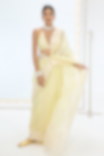 Lemon Yellow Pure Orgazna Hand Embroidered Handwoven Wedding Saree Set by Ekaya at Pernia's Pop Up Shop