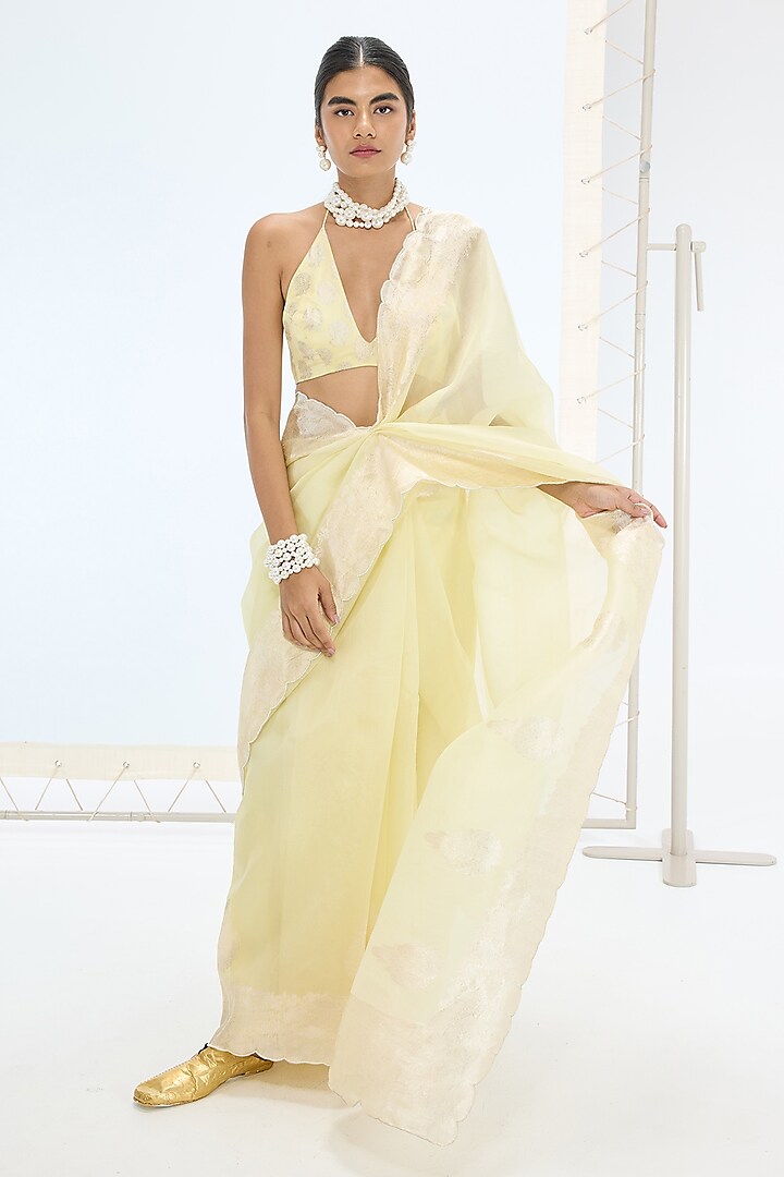 Lemon Yellow Pure Orgazna Hand Embroidered Handwoven Wedding Saree Set by Ekaya at Pernia's Pop Up Shop