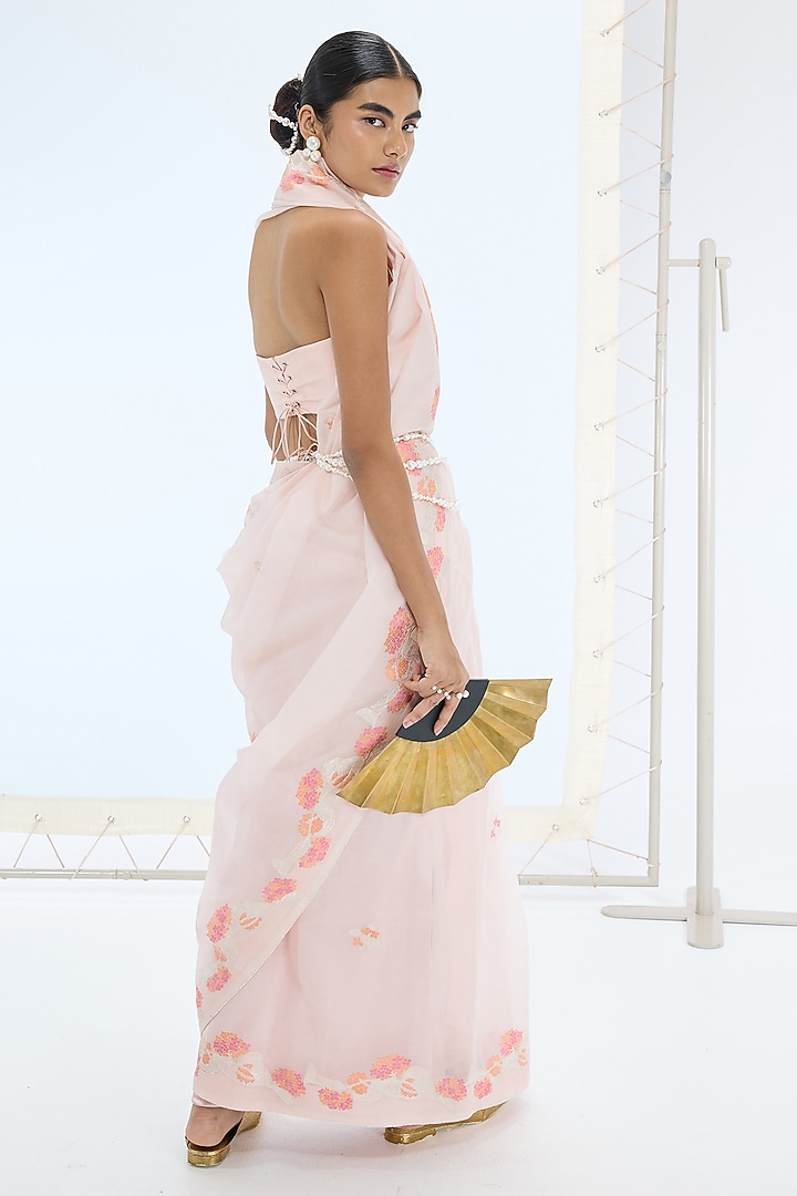 Pink Pure Orgazna Silk Hand Embroidered Handwoven Wedding Saree Set by Ekaya at Pernia's Pop Up Shop