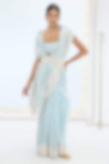 Ice Blue Pure Orgazna Silk Hand Embroidered Handwoven Wedding Saree Set by Ekaya at Pernia's Pop Up Shop
