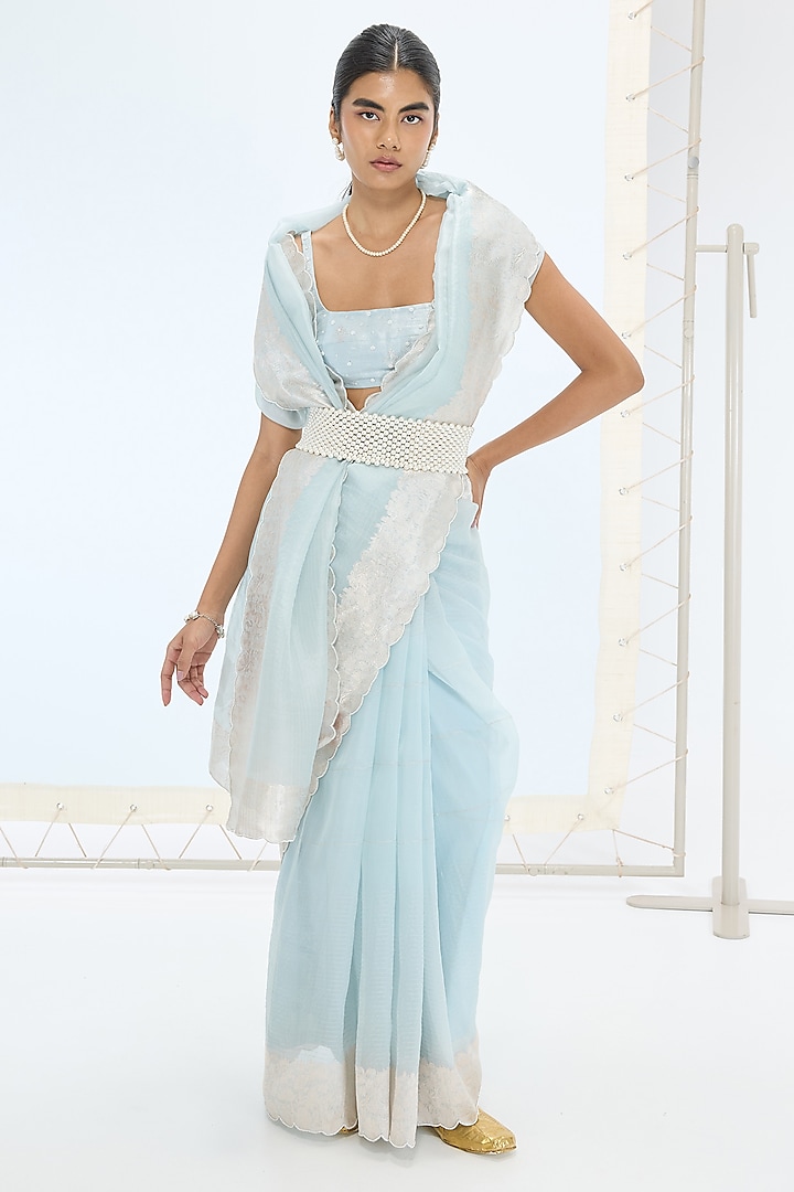 Ice Blue Pure Orgazna Silk Hand Embroidered Handwoven Wedding Saree Set by Ekaya at Pernia's Pop Up Shop