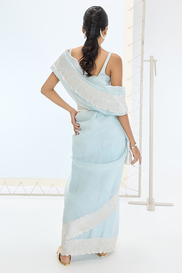 Ice Blue Pure Orgazna Silk Hand Embroidered Handwoven Wedding Saree Set by Ekaya at Pernia's Pop Up Shop