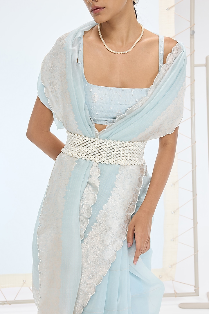Ice Blue Pure Orgazna Silk Hand Embroidered Handwoven Wedding Saree Set by Ekaya at Pernia's Pop Up Shop