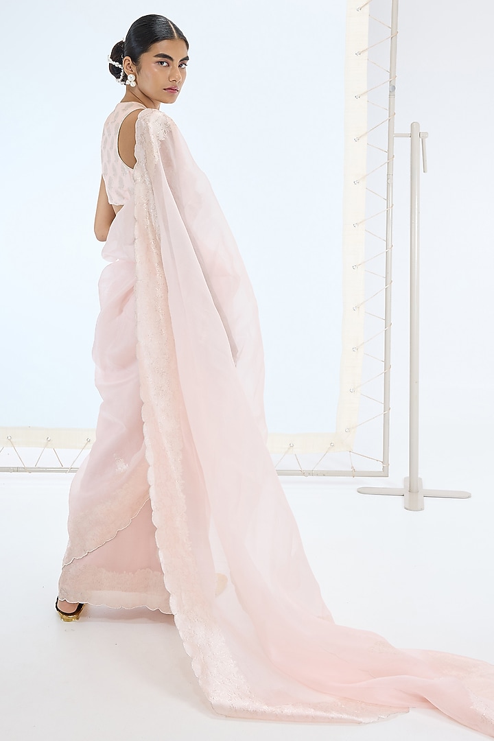 Peach Pure Orgazna Silk Hand Embroidered Handwoven Wedding Saree Set by Ekaya at Pernia's Pop Up Shop