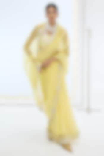 Lemon Yellow Pure Organza Silk Hand Embroidered Handwoven Wedding Saree Set by Ekaya at Pernia's Pop Up Shop