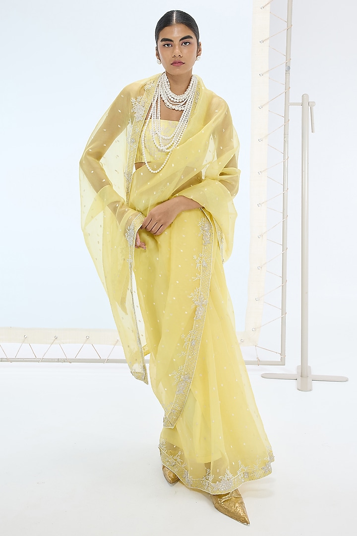 Lemon Yellow Pure Organza Silk Hand Embroidered Handwoven Wedding Saree Set by Ekaya at Pernia's Pop Up Shop