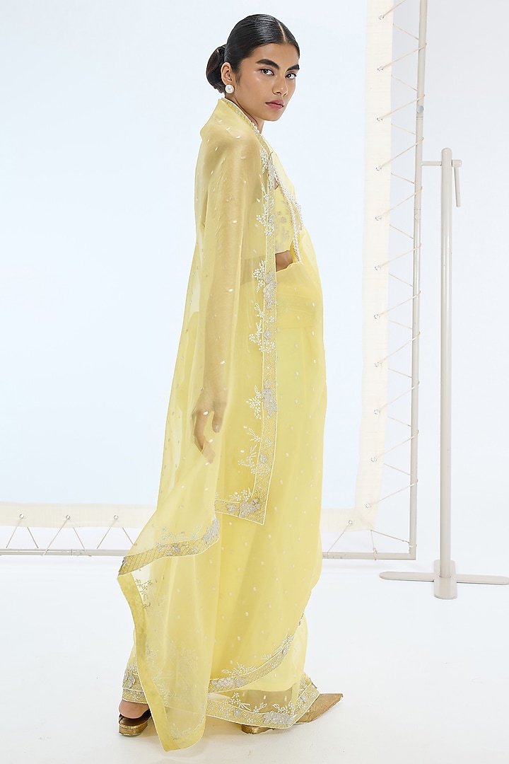 Lemon Yellow Pure Organza Silk Hand Embroidered Handwoven Wedding Saree Set by Ekaya at Pernia's Pop Up Shop