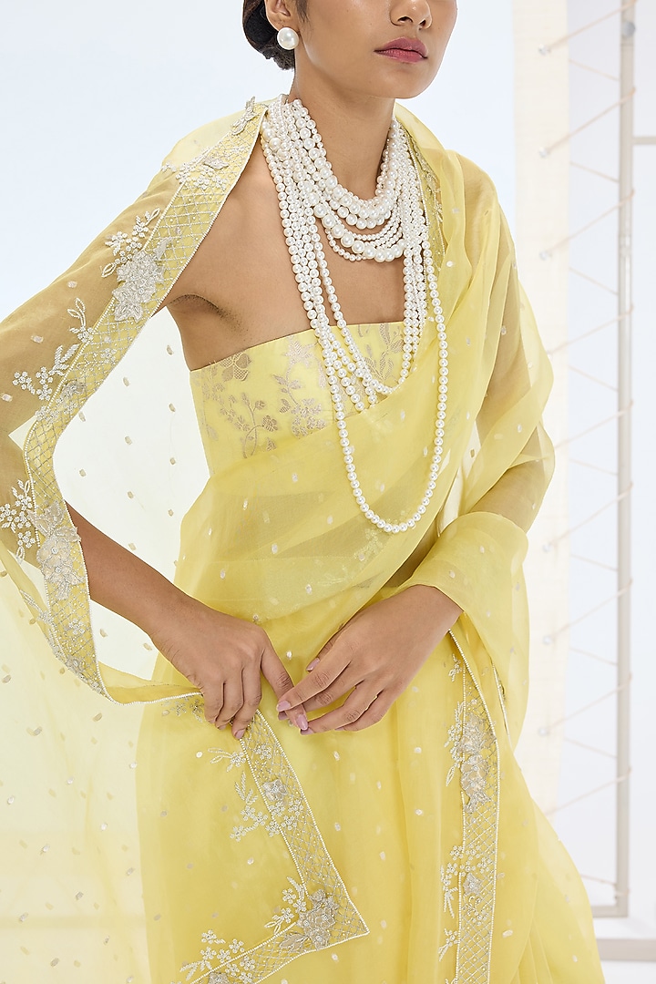 Lemon Yellow Pure Organza Silk Hand Embroidered Handwoven Wedding Saree Set by Ekaya at Pernia's Pop Up Shop