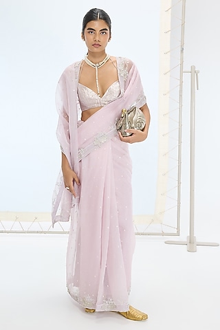 Mauve Pure Orgazna Silk Hand Embroidered Handwoven Saree Set by Ekaya