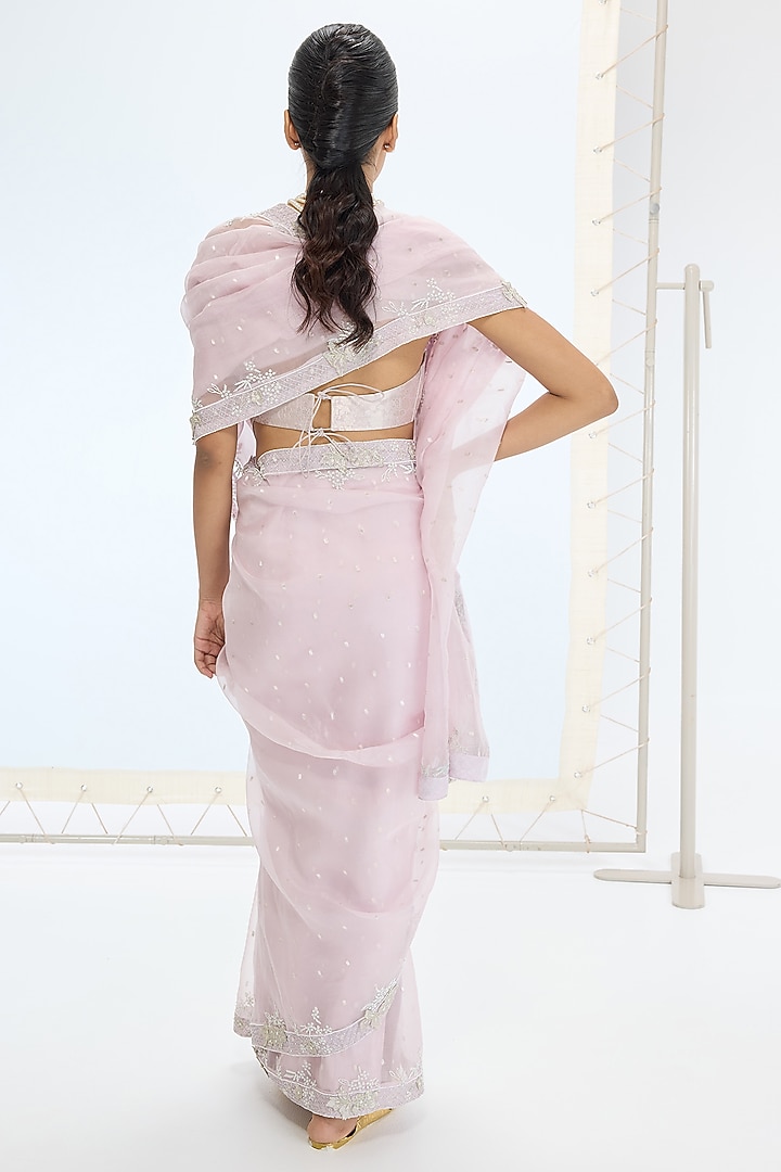 Mauve Pure Orgazna Silk Hand Embroidered Handwoven Wedding Saree Set by Ekaya at Pernia's Pop Up Shop
