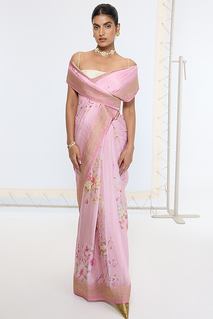 Candy Pink Pure Georgette Printed Handwoven Banarasi Party Wear Saree by Ekaya at Pernia's Pop Up Shop