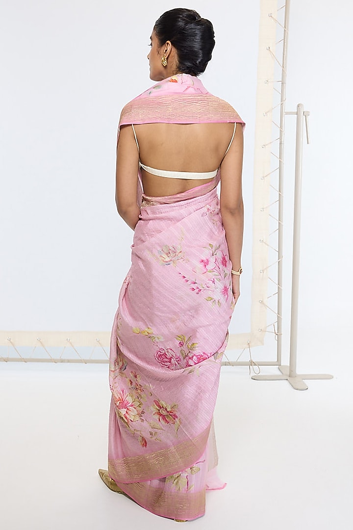 Candy Pink Pure Georgette Printed Handwoven Banarasi Party Wear Saree by Ekaya at Pernia's Pop Up Shop