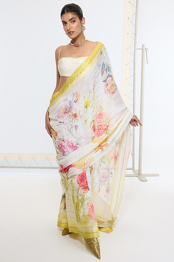 Off-White Pure Georgette Printed Handwoven Banarasi Party Wear Saree by Ekaya at Pernia's Pop Up Shop