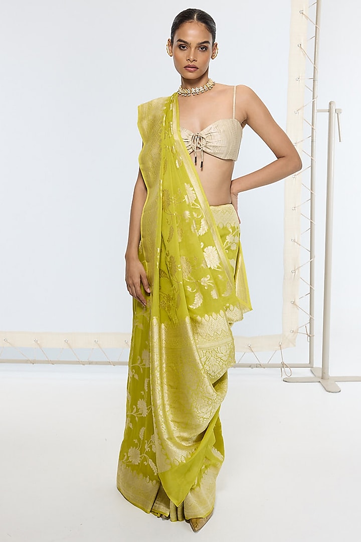 Marigold Gold Pure Georgette Handwoven Banarasi Party Wear Saree by Ekaya at Pernia's Pop Up Shop