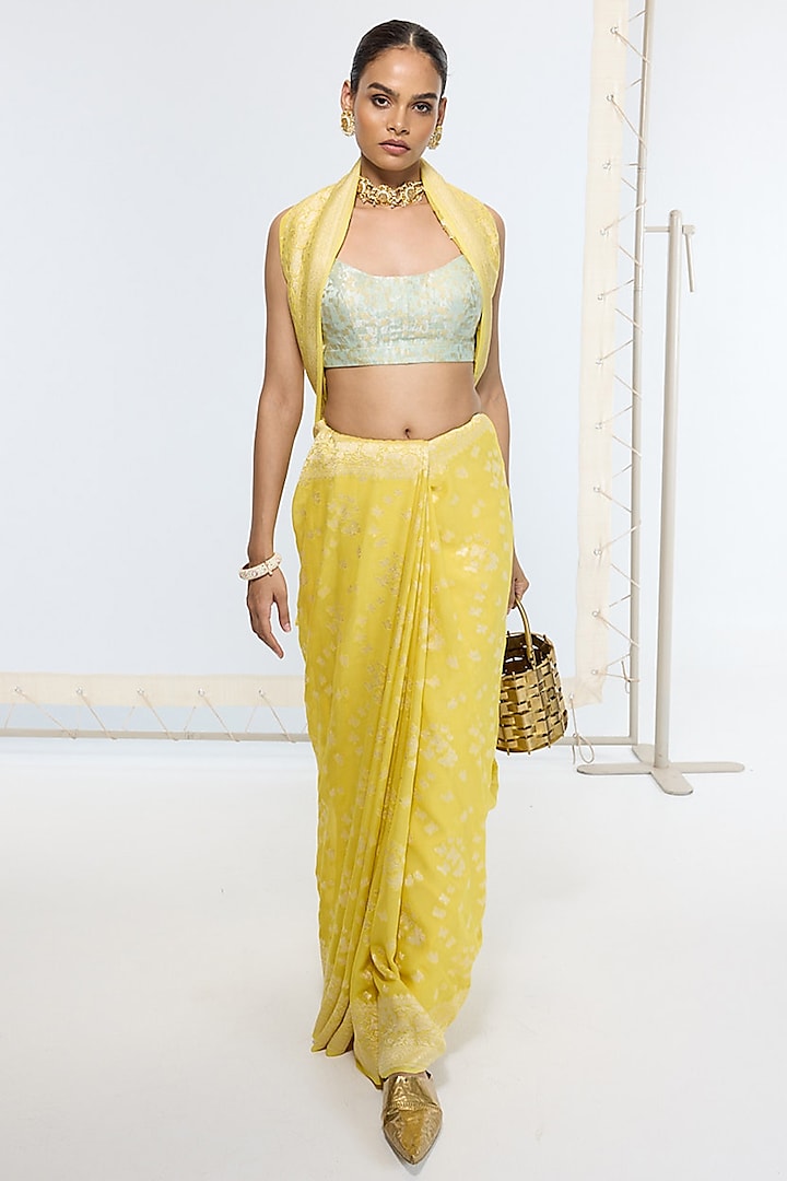 Mustard Yellow Pure Georgette Handwoven Banarasi Party Wear Saree by Ekaya at Pernia's Pop Up Shop