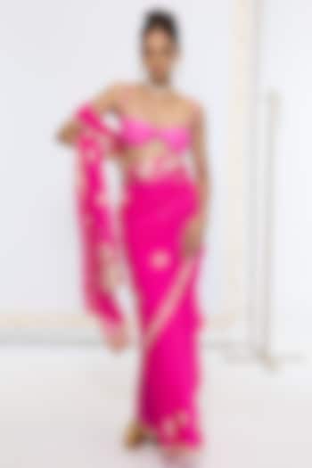 Hot Pink Pure Georgette Handwoven Banarasi Party Wear Saree by Ekaya at Pernia's Pop Up Shop