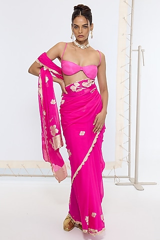 Hot Pink Pure Georgette Handwoven Banarasi Saree by Ekaya