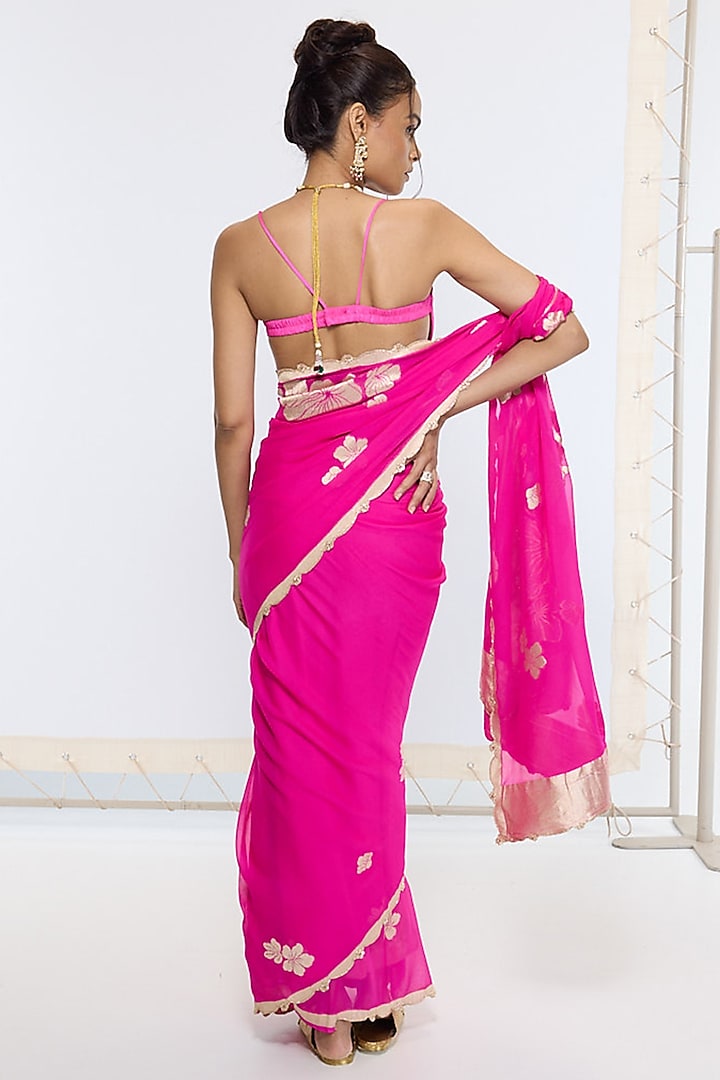 Hot Pink Pure Georgette Handwoven Banarasi Party Wear Saree by Ekaya at Pernia's Pop Up Shop