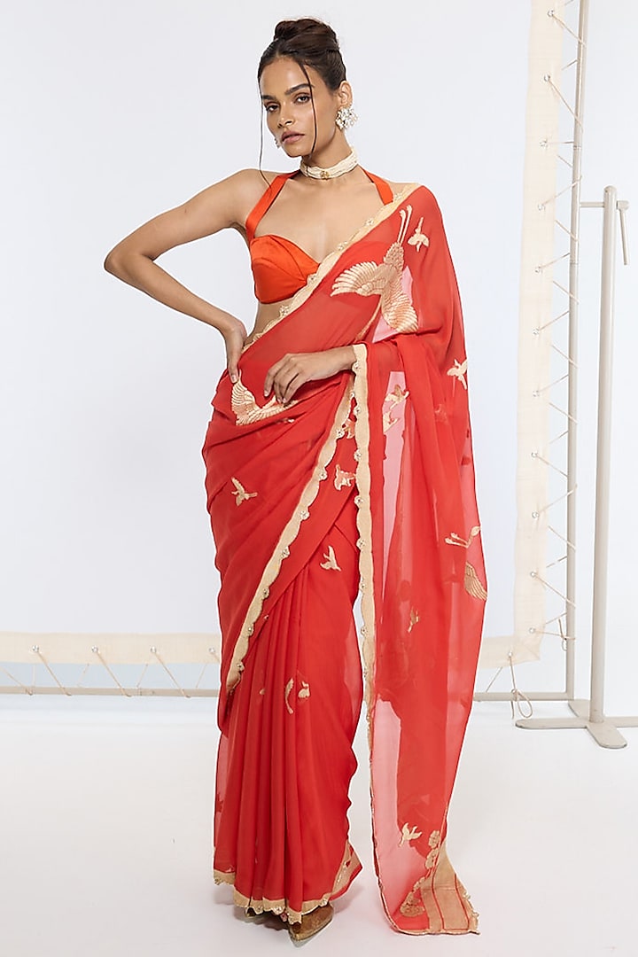 Burnt Red Pure Georgette Handwoven Banarasi Party Wear Saree by Ekaya at Pernia's Pop Up Shop