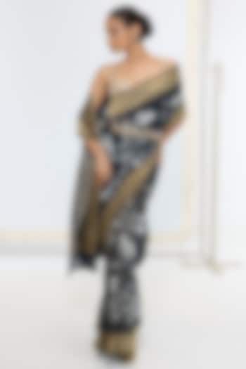 Black Crepe Handwoven Digital Printed Banarasi Party Wear Saree by Ekaya at Pernia's Pop Up Shop