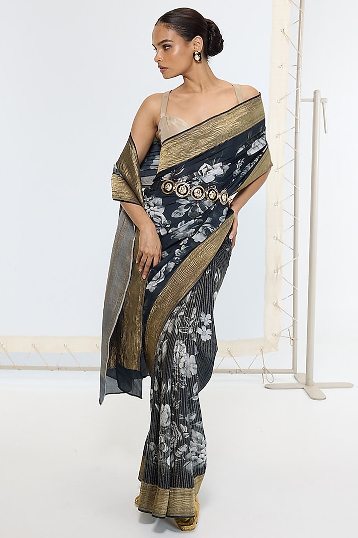 Black Crepe Handwoven Digital Printed Banarasi Party Wear Saree by Ekaya at Pernia's Pop Up Shop