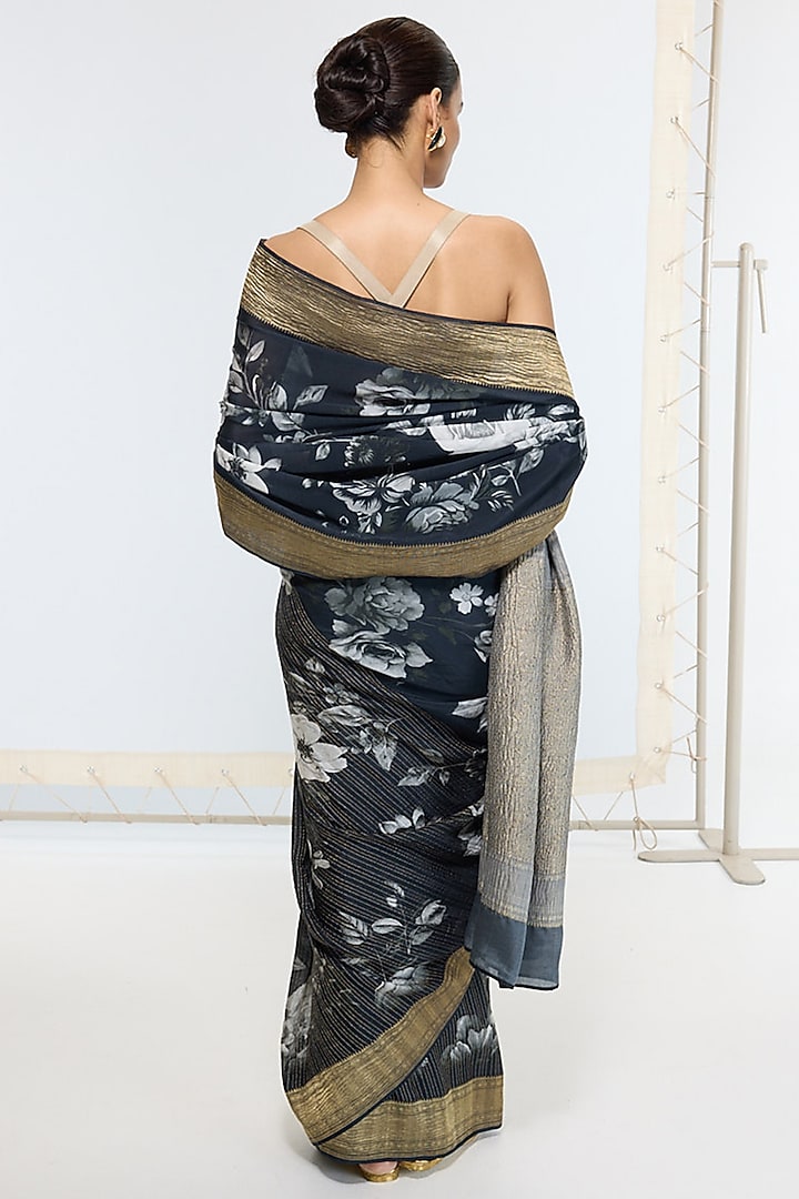 Black Crepe Handwoven Digital Printed Banarasi Party Wear Saree by Ekaya at Pernia's Pop Up Shop