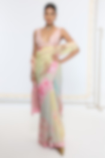 Cream & Pink Pure Georgette Handwoven Printed Banarasi Party Wear Saree by Ekaya at Pernia's Pop Up Shop