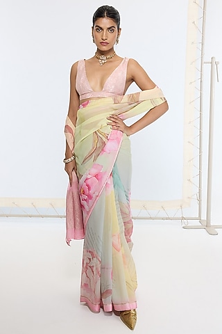 Cream & Pink Pure Georgette Handwoven Printed Banarasi Saree by Ekaya