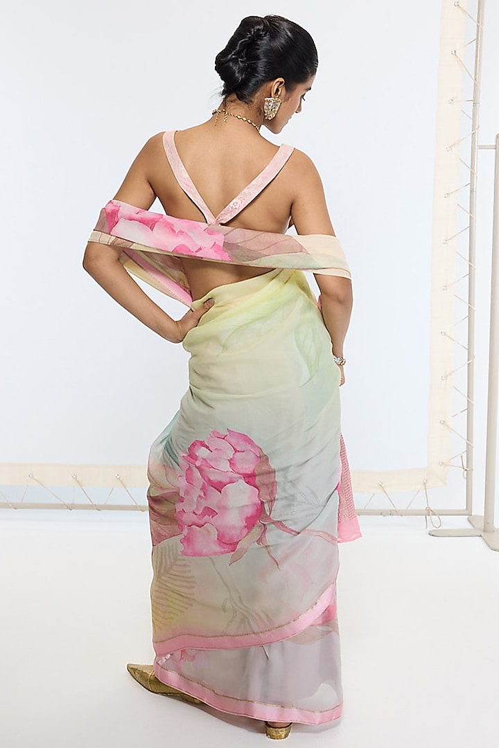 Cream & Pink Pure Georgette Handwoven Printed Banarasi Party Wear Saree by Ekaya at Pernia's Pop Up Shop