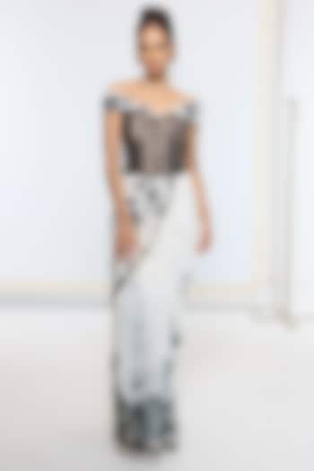 Black & White Pure Georgette Handwoven Printed Banarasi Festive Saree by Ekaya at Pernia's Pop Up Shop