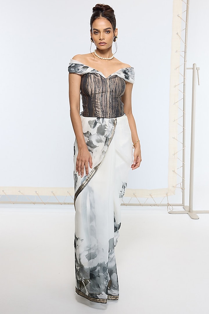 Black & White Pure Georgette Handwoven Printed Banarasi Festive Saree by Ekaya at Pernia's Pop Up Shop