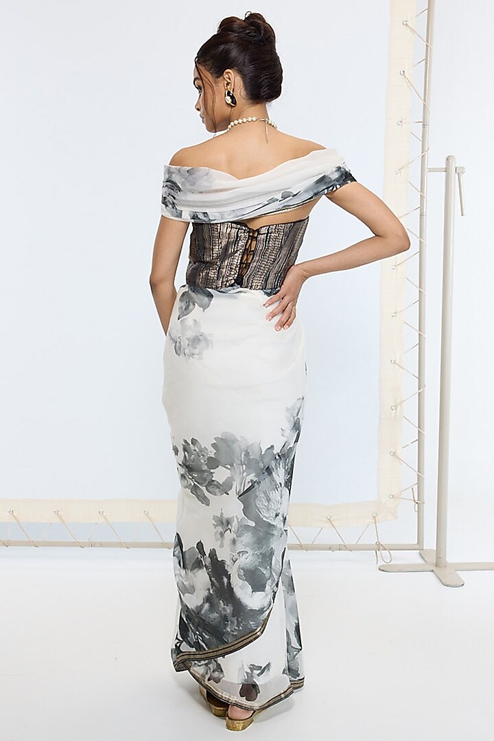 Black & White Pure Georgette Handwoven Printed Banarasi Festive Saree by Ekaya at Pernia's Pop Up Shop