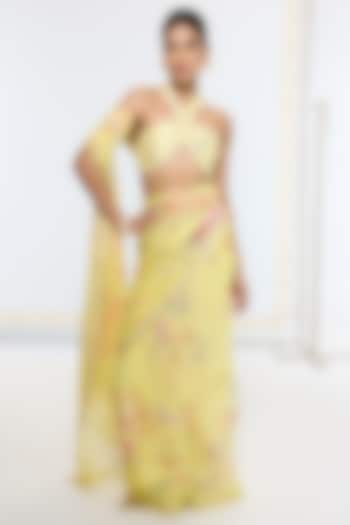 Butter Yellow Crepe Handwoven Printed Banarasi Party Wear Saree by Ekaya at Pernia's Pop Up Shop