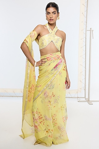 Butter Yellow Crepe Handwoven Printed Banarasi Saree by Ekaya