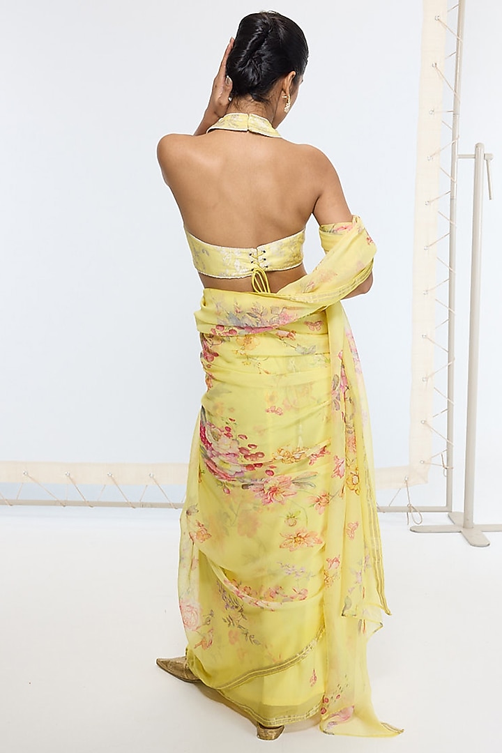 Butter Yellow Crepe Handwoven Printed Banarasi Party Wear Saree by Ekaya at Pernia's Pop Up Shop