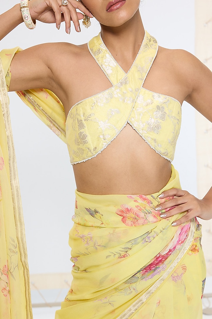 Butter Yellow Crepe Handwoven Printed Banarasi Party Wear Saree by Ekaya at Pernia's Pop Up Shop